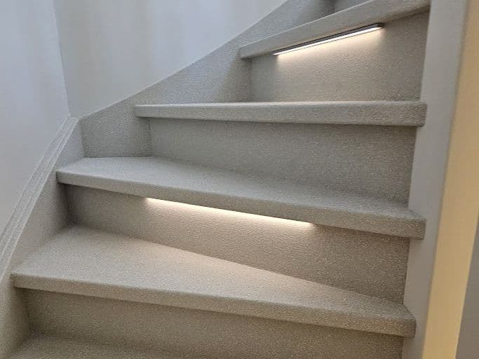 Finished Terrazzo staircase with integrated LED lighting under the nosing — Creastairs installation using the Omnistair EverStep system