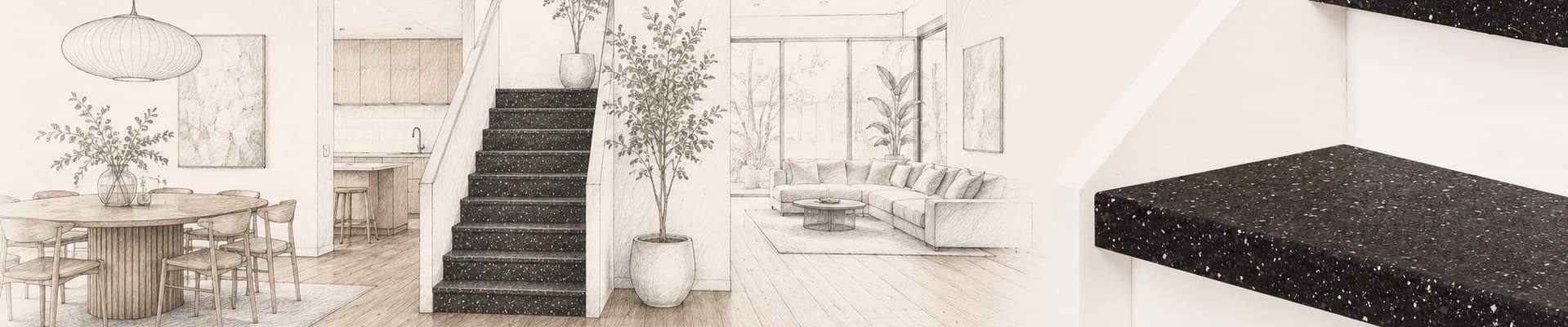 Transition from a light wooden floor to a staircase with terrazzo treads in a warm modern interior, a harmonious combination of materials