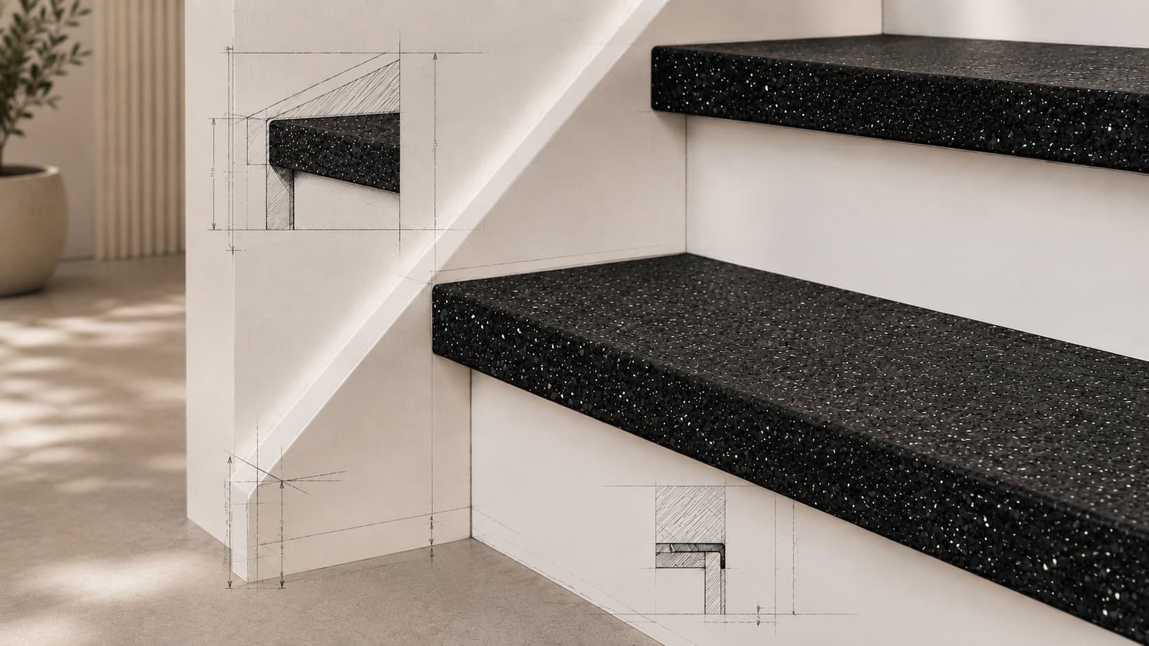 Staircase with dark terrazzo treads in recycled natural stone composite, with technical sketch lines of the stair nosing detail