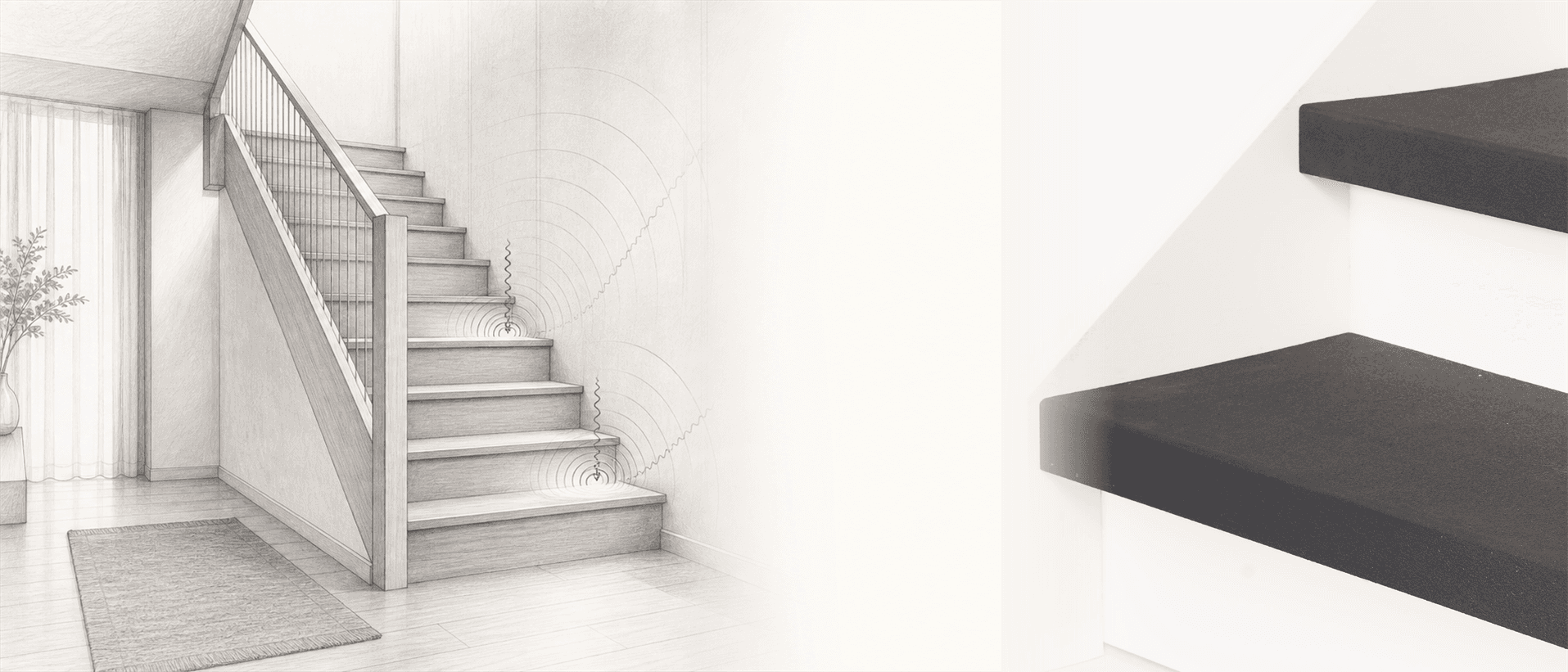 Acoustic staircase sketch with sound waves beside fully clad EverStep stair treads in Charcoal Stone.