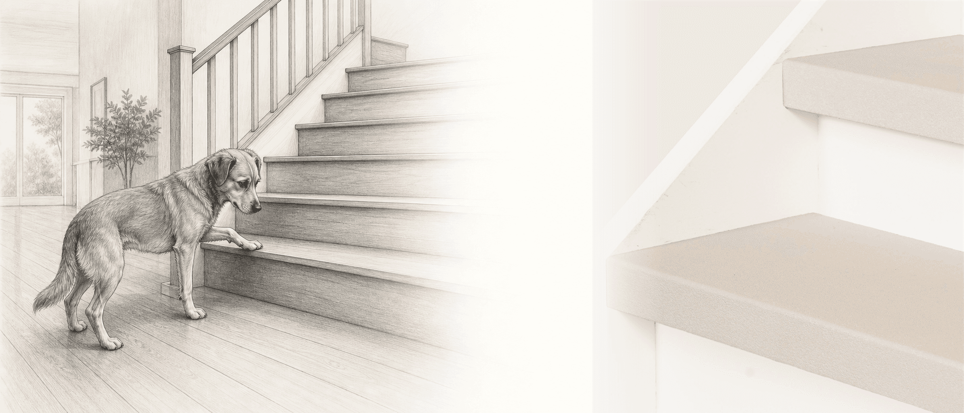 Hesitant dog beside a staircase with fully clad EverStep stair treads in Ivory Cream.