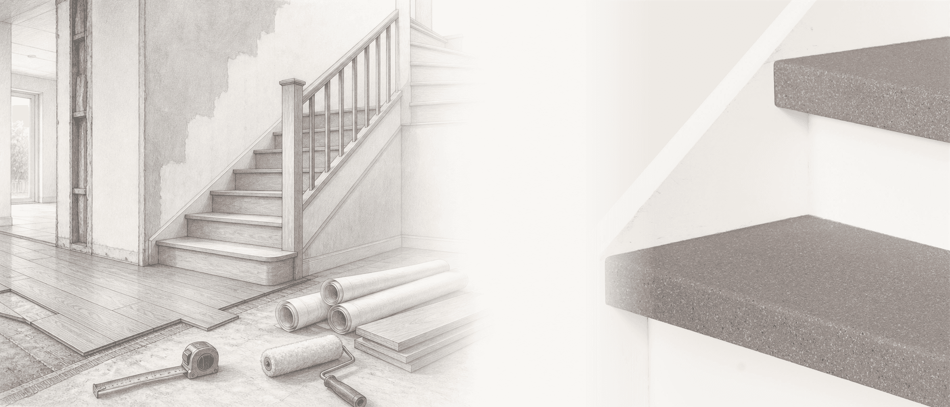 Staircase during a home renovation with measuring tools, building materials and fully clad EverStep stair treads in Urban Mist.