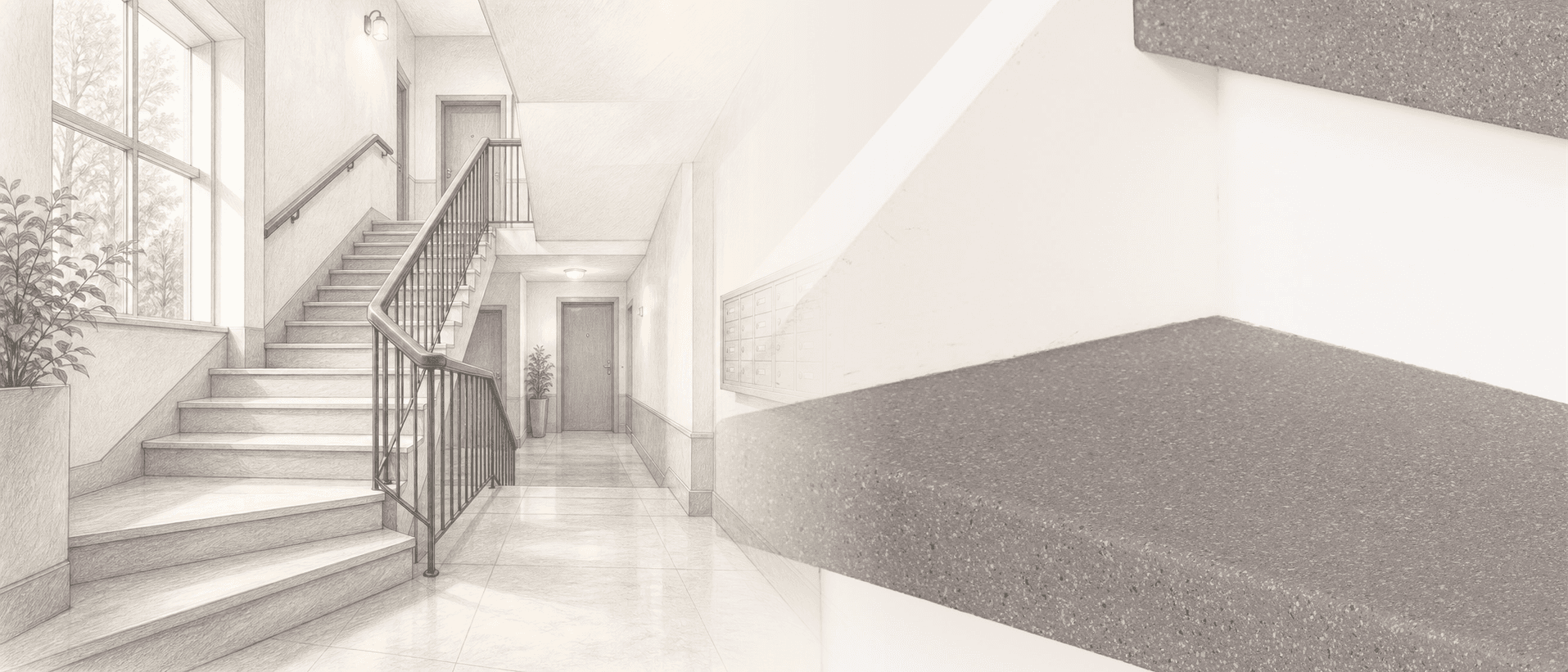 Communal stairwell in an apartment building beside fully clad EverStep stair treads in Urban Mis