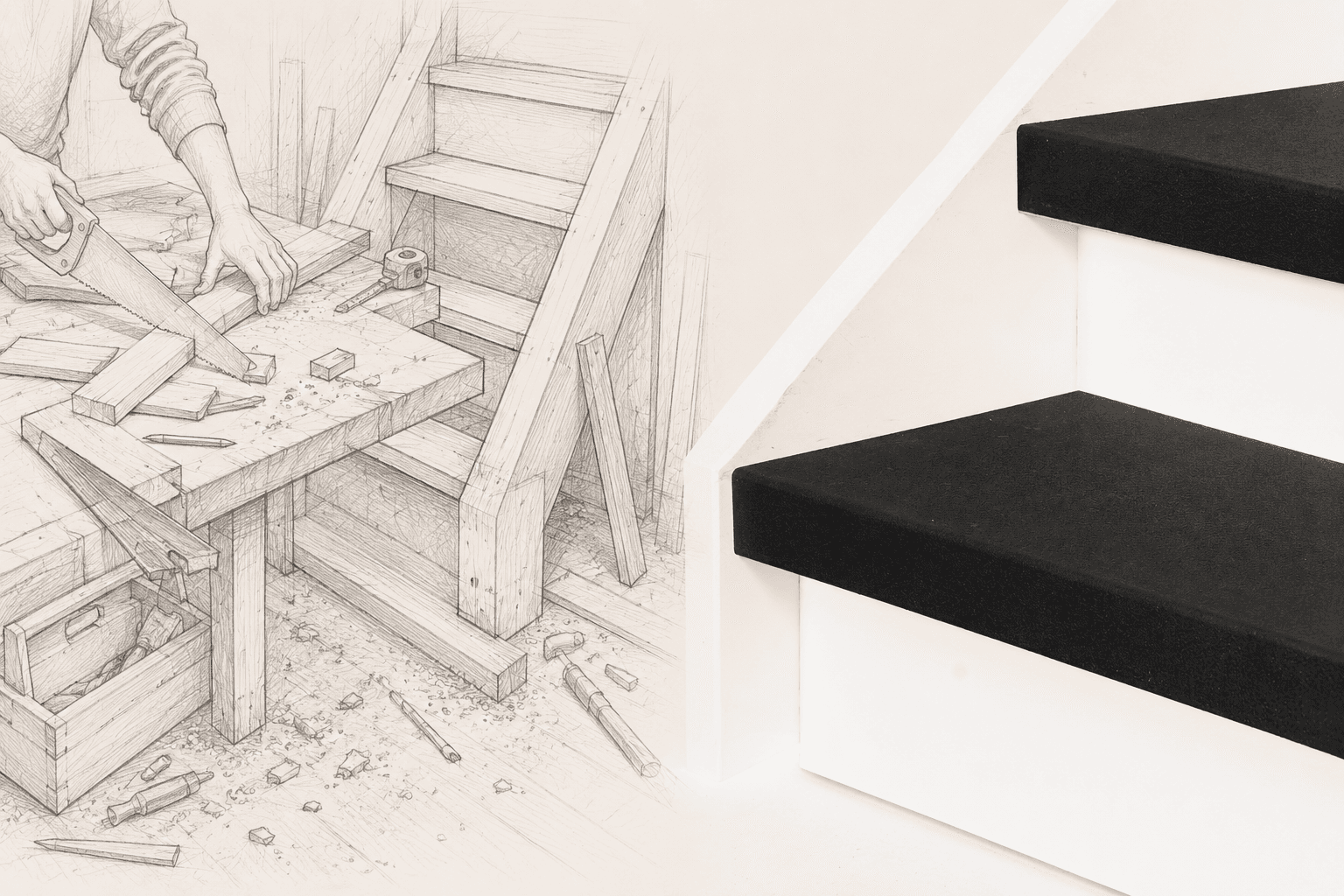 On the left a pencil sketch of traditional stair carpentry with a saw and loose wooden parts, on the right a photorealistic full overlay tread on a clean staircase