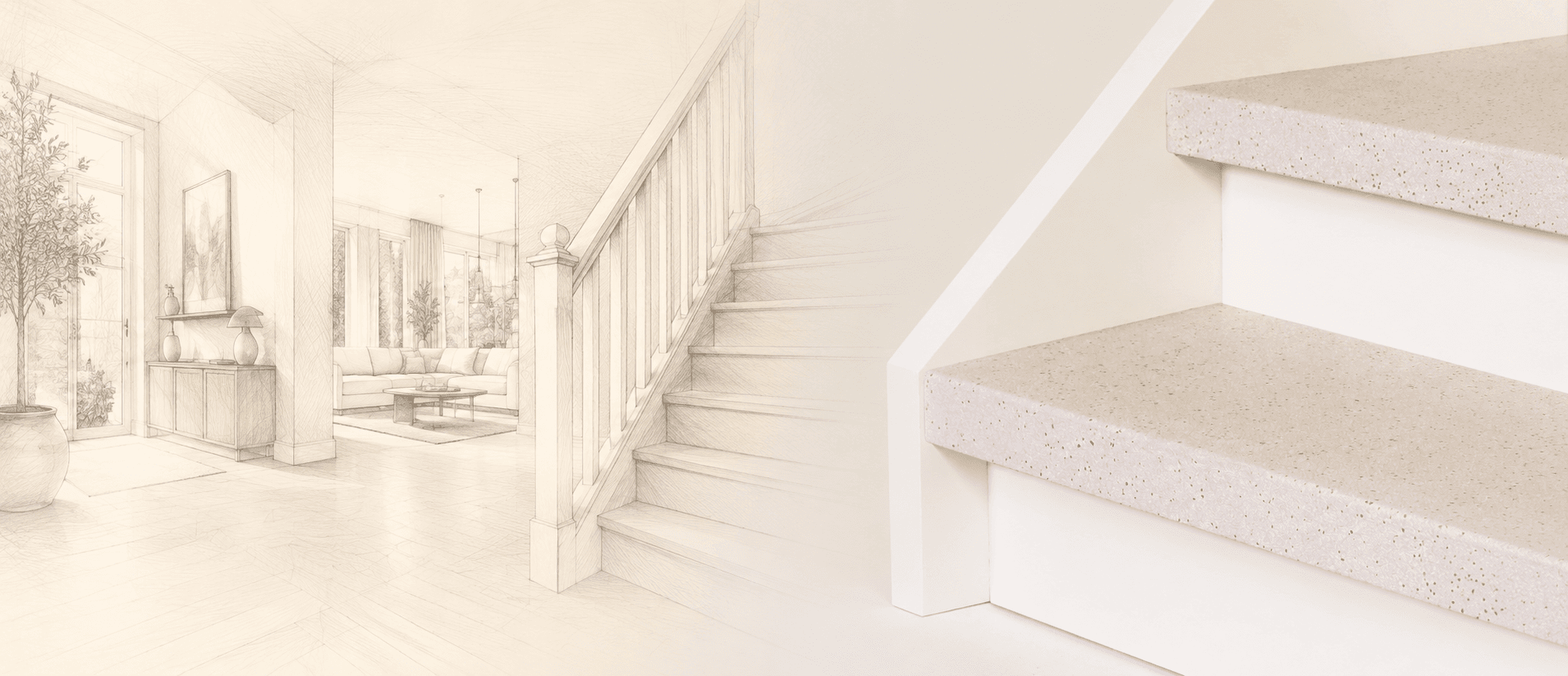 Omnistair stair renovation for homes with light natural stone composite stair treads