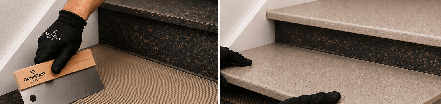 Preparation and full-surface bonding of the overlay treads onto the existing stair