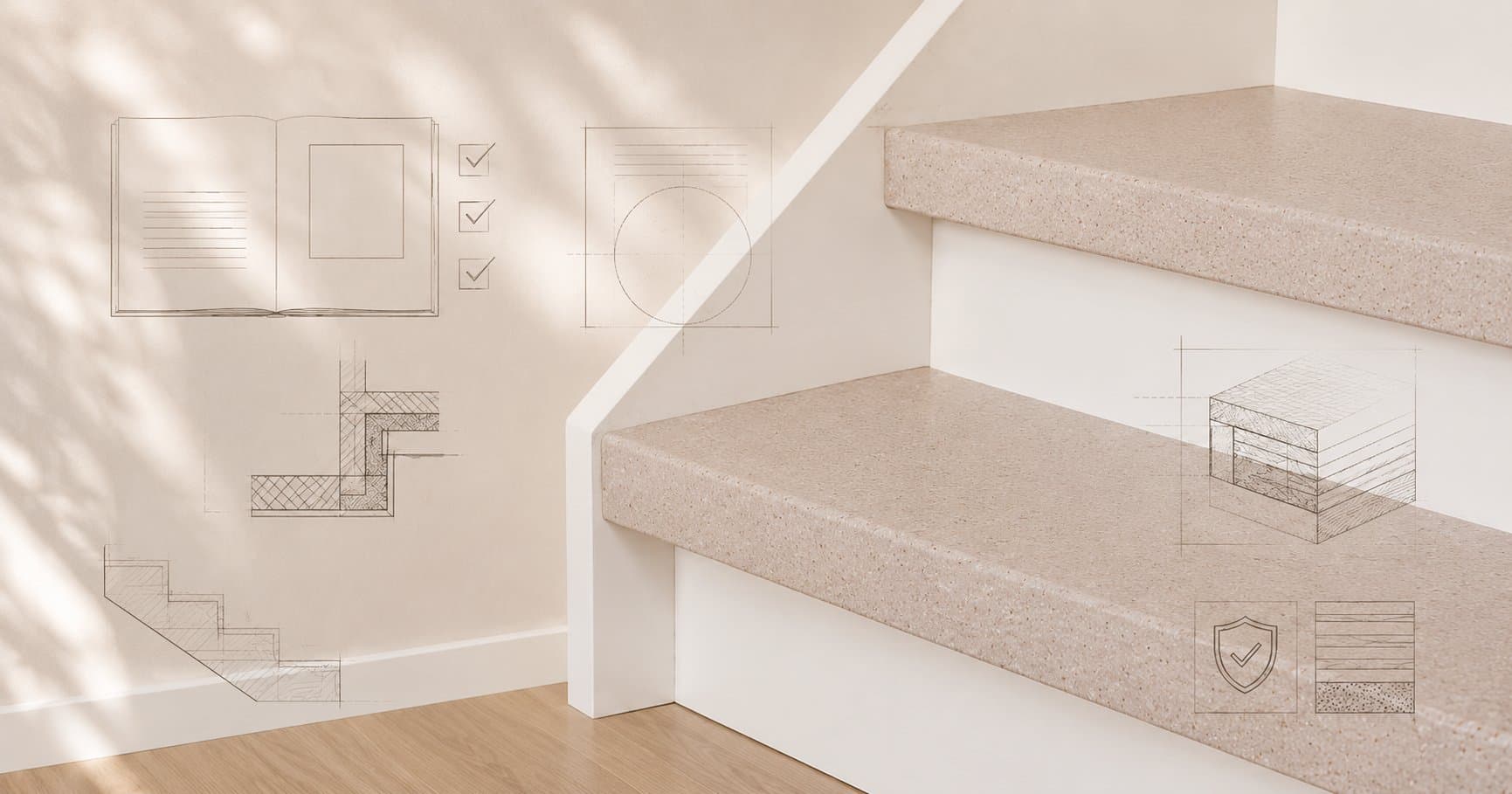 Staircase with light terrazzo overlay treads in recycled natural stone composite, with sketch lines of a comparison guide, build-up details and material layers