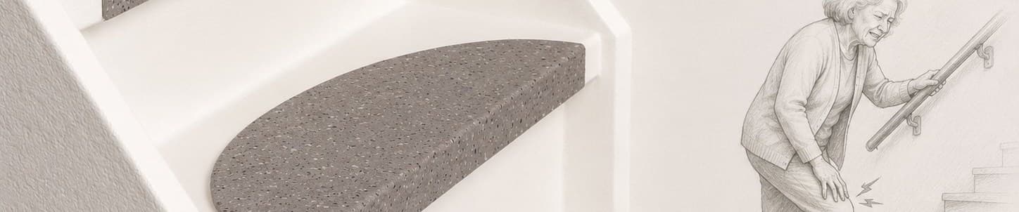 Staircase with half-moon GripStep treads in recycled natural stone composite, with a wall sketch of a woman with knee pain at the handrail