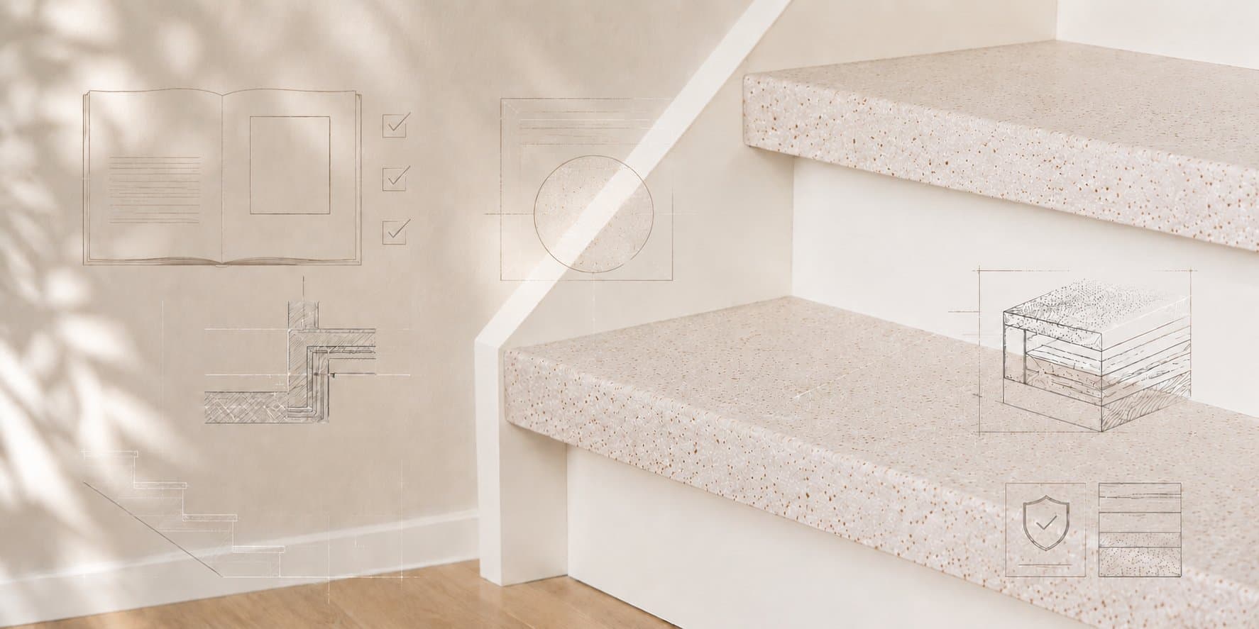 Staircase with light terrazzo treads in recycled natural stone composite, with sketch lines of a performance guide and build-up details