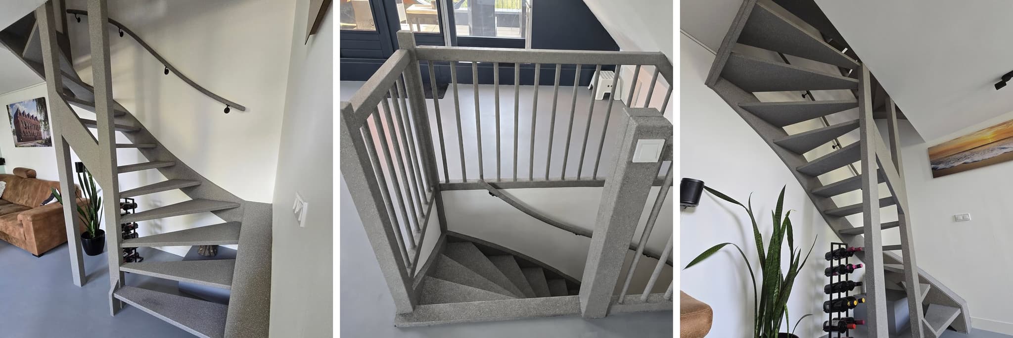 Signature stair renovation: open staircase, balustrade and stringer finished entirely in the same natural stone composite.