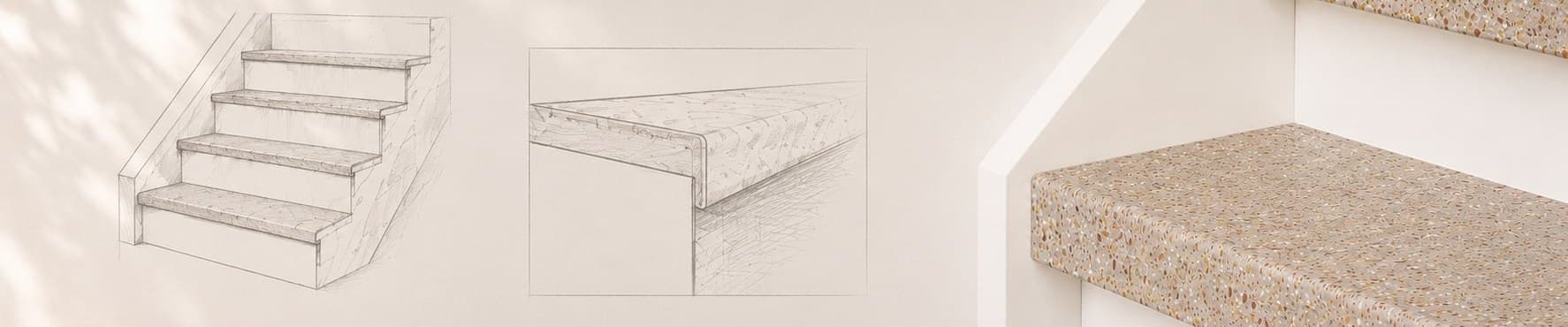 Staircase with terrazzo overlay treads in recycled natural stone composite, with technical sketches of the overlay tread system