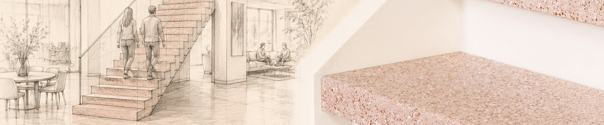 Modern interior shown half as a pencil sketch and half photorealistic, with staircase treads in natural stone composite terrazzo full of fine Design pigments
