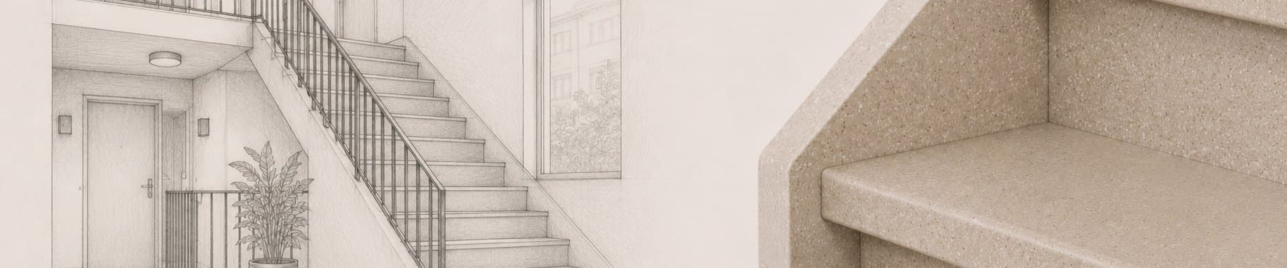 Wall sketch of a two-storey stairwell in an apartment building, with real light natural stone composite treads